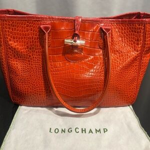 Authentic LONGCHAMP Roseau Red Croc-Embossed Long Handle Shoulder Tote bag